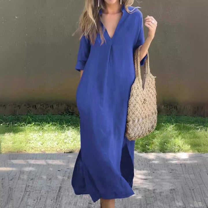 Debra | Casual Linen Dress with V-Neck