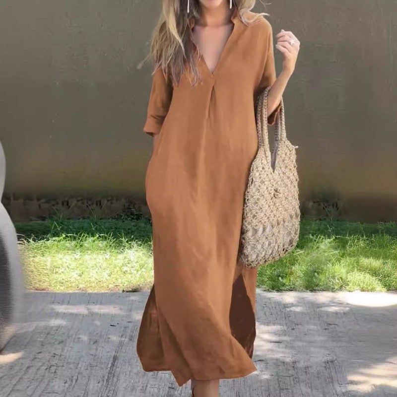 Debra | Casual Linen Dress with V-Neck