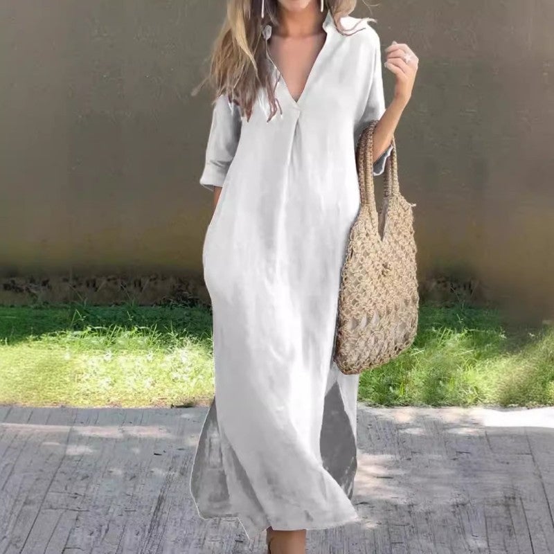 Debra | Casual Linen Dress with V-Neck