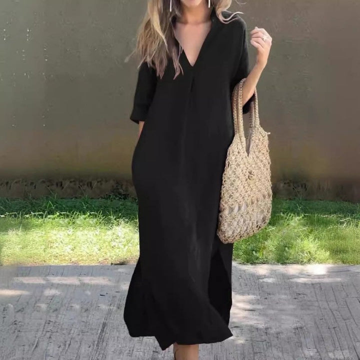 Debra | Casual Linen Dress with V-Neck
