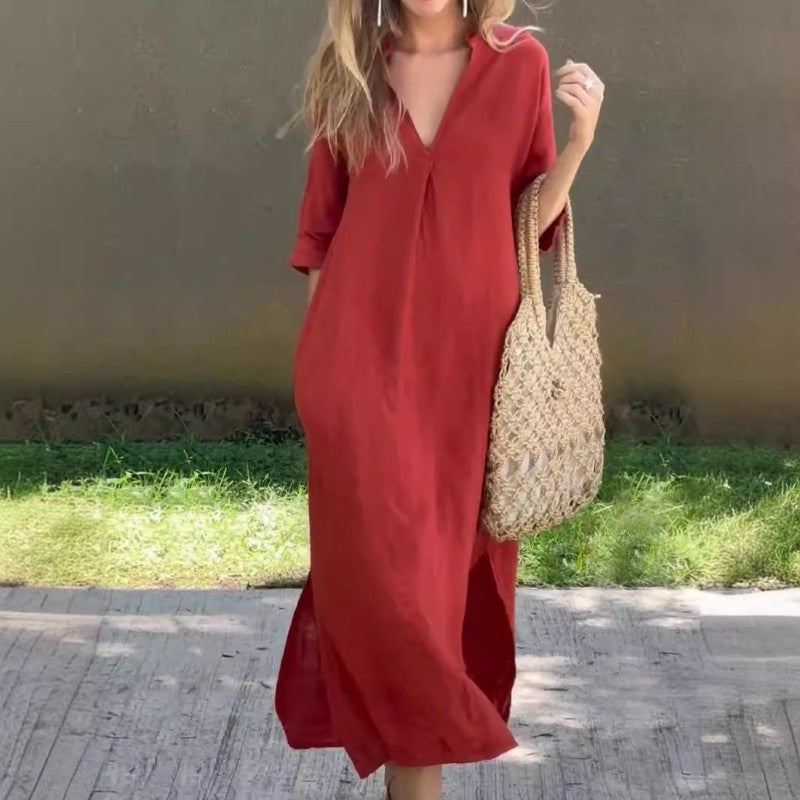 Debra | Casual Linen Dress with V-Neck